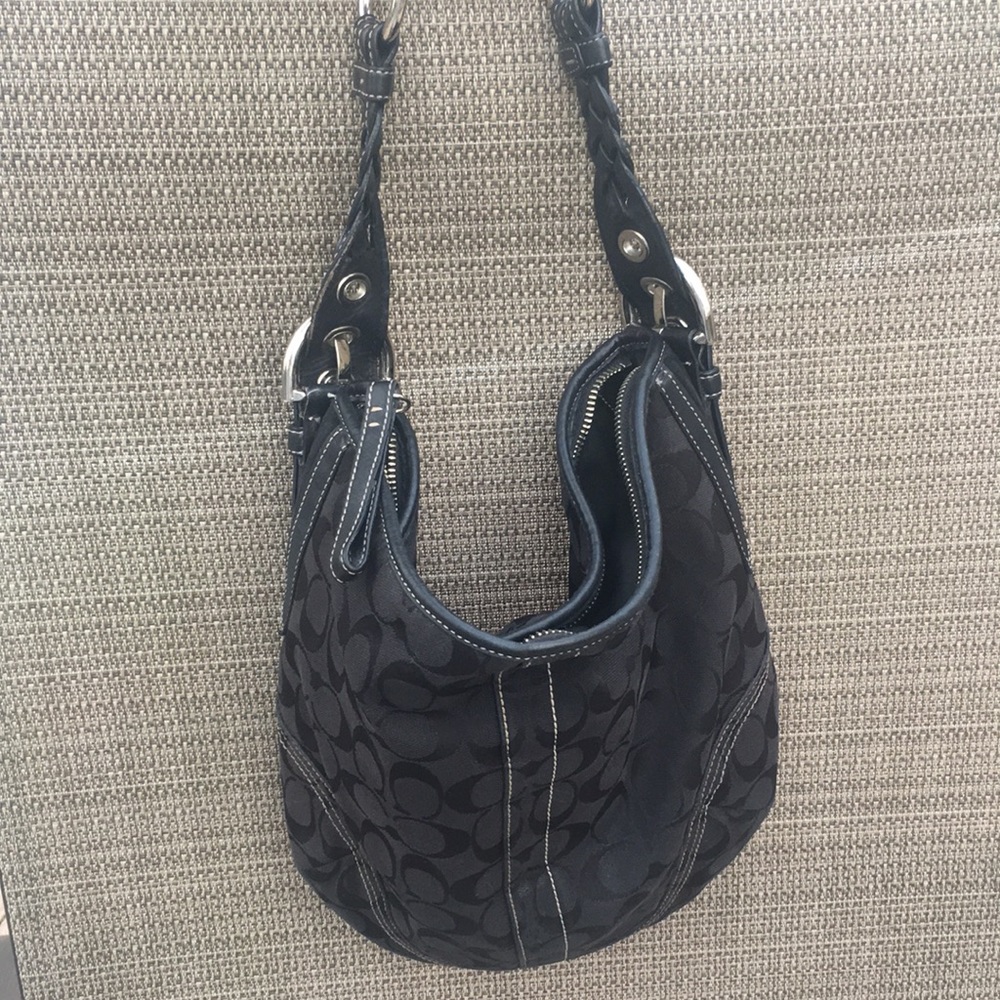 Coach monogram black canvas bag with leather trim and braided o-ring strap